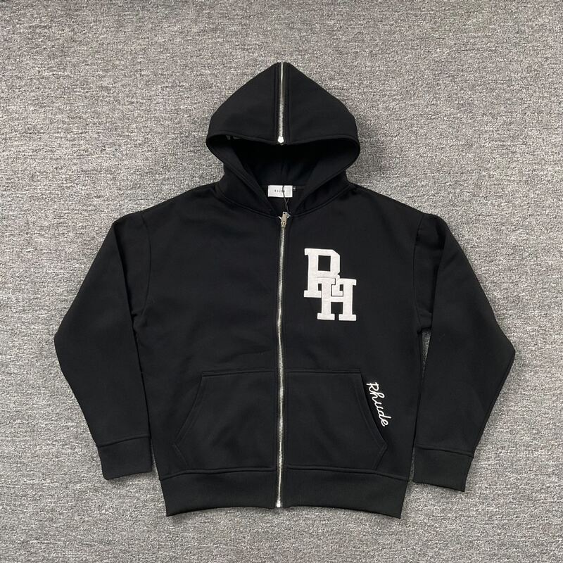Rhude Trendy High Street Foam Letter Print Loose Cardigan Fleece-Lined Unisex Hooded Sweatshirt Casual Jacket Trendy