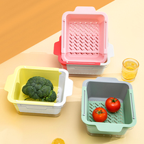 Kitchen vegetable basket drain double-layer hollow fruit basin household vegetable basin sink retractable for washing fruits and vegetables