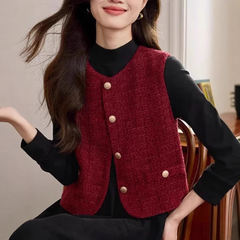 Real Shot~ Chanel-Style Vest Jacket for Women, Red Top, 2026 Spring and Autumn New Sleeveless Vest