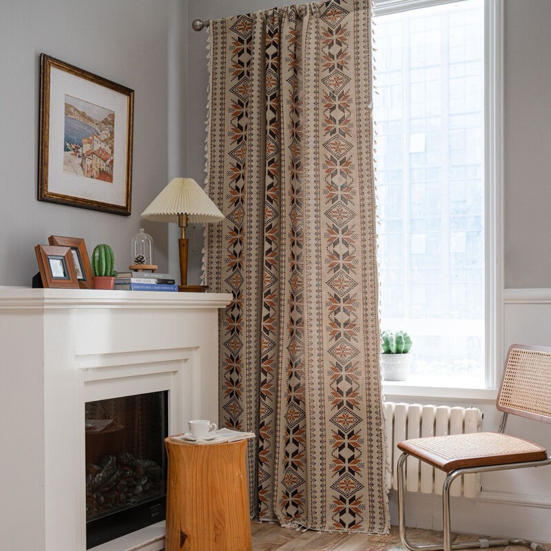 Bohemian Style American Blanket Country Retro Curtain Jacquard Tassel Curtain Bay Window Semi-Blackout Hook Curtain Rod