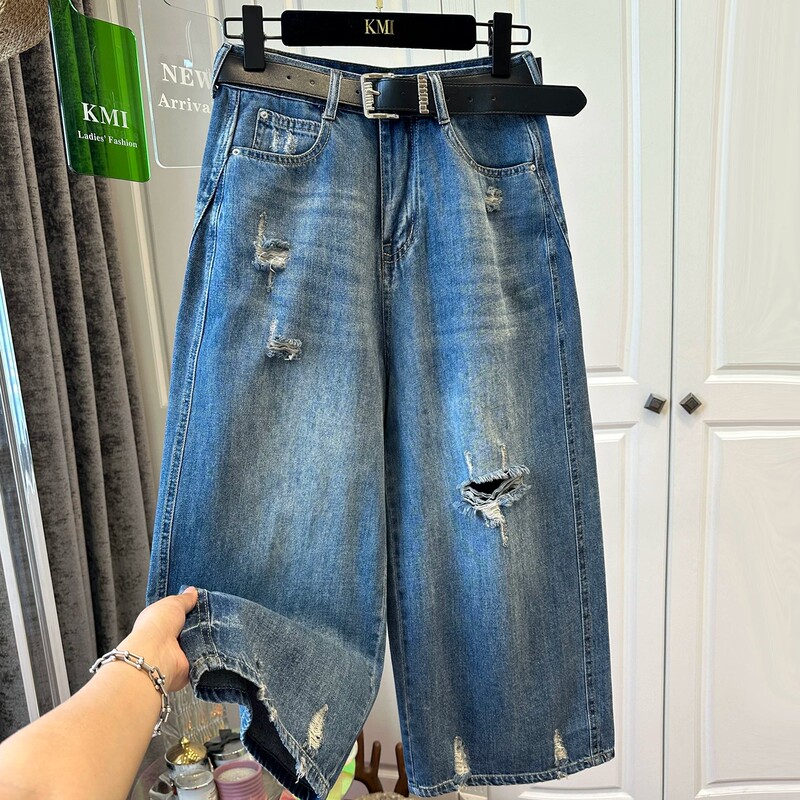 Yufei Retro Style Distressed Ripped Frayed Washed Loose Denim Pants Women's Cropped Wide-Leg Pants Lightweight and Stylish Summer Wear Yufei Retro Style Distressed Ripped Frayed Washed Loose Denim Pants Women's Cropped Wide-Leg Pants Lightweight and Stylish Summer Wear