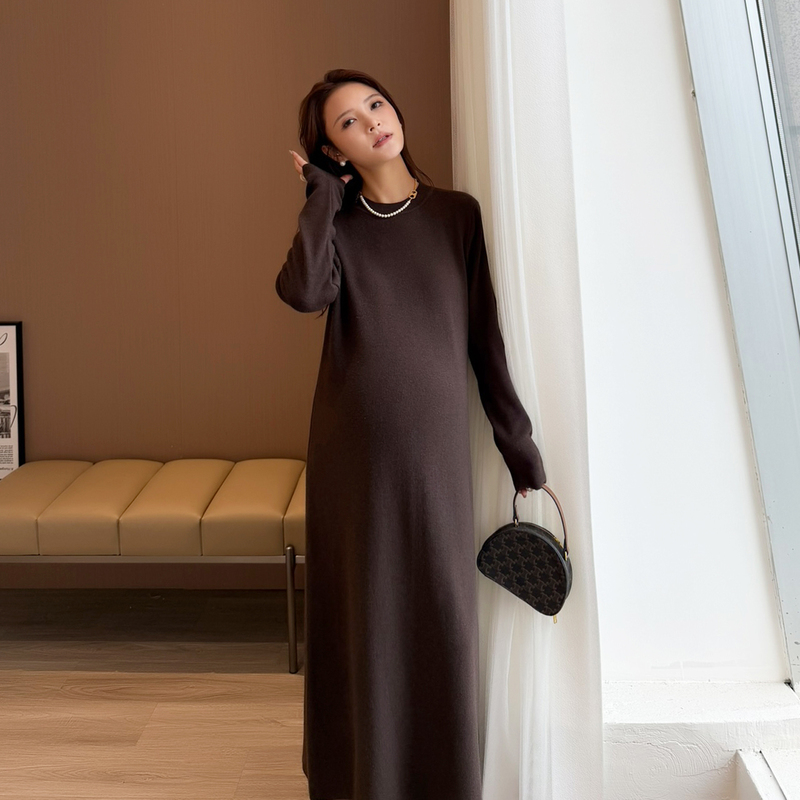 Wawa Maternity Wear Autumn and Winter Simple Elegant Round Neck Knitted Dress Autum Mid-Length Loose Slimming Large Size Dress Wawa Maternity Wear Autumn and Winter Simple Elegant Round Neck Knitted Dress Autum Mid-Length Loose Slimming Large Size Dress