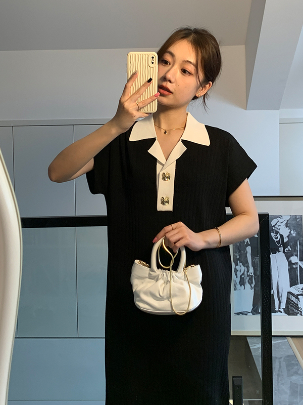 Wawa Maternity Wear Summer Hepburn Style Color-Blocking French Ice Silk Dress with Polo Collar, Slim-Fit Little Black Dress for Commuting Wawa Maternity Wear Summer Hepburn Style Color-Blocking French Ice Silk Dress with Polo Collar, Slim-Fit Little Black Dress for Commuting