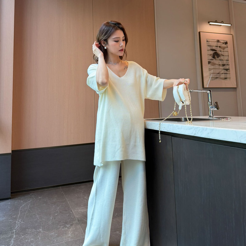 Wawa Maternity Wear 2026 Summer Waffle Knit Suit New Short-Sleeved Top Wide-Leg Pants Casual Two-Piece Set
