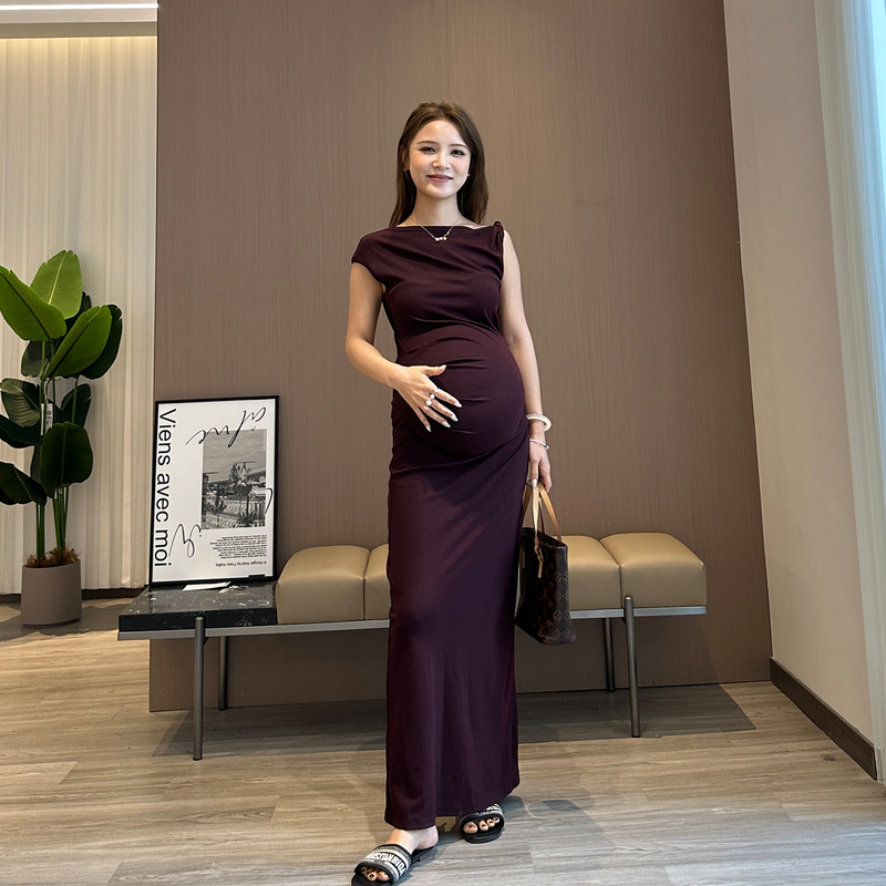 Wawa Maternity Wear 2026 Summer French High-End Style Asymmetrical Shoulder Dress Summer Off-Shoulder Slimming Long Dress