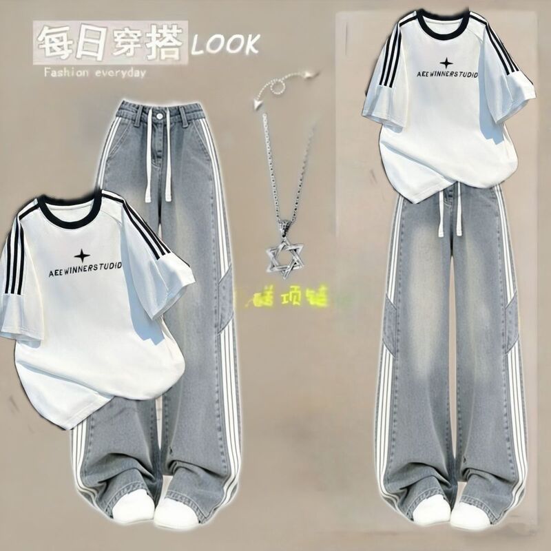 Girls' Summer 2026 New Style Loose-Fitting Pure Cotton Short-Sleeved T-Shirt and Korean-Style Jeans Two-Piece Set for Junior High and High School Students