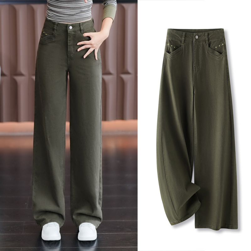 Designer-Style Army Green Straight-Leg Jeans for Women, Autumn 2026 New Model, Super Slimming, High-Waisted, Versatile Narrow Wide-Leg Pants