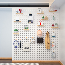 Solid wood wall wall hole plate shelf storage background wall wooden wall decoration porch display stand customization