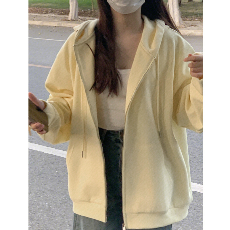 Trendy Milk Apricot Cardigan Sweatshirt for Women, Early Autumn, Fleece-Lined, Oversized, Solid Color, Simple, Lazy Style, Hooded Jacket
