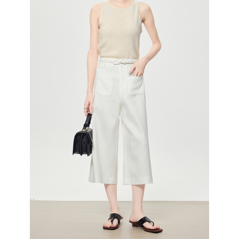 Old Money Style White Pure Linen Straight-Leg Cropped Casual Pants for Women 2026 New High-Waisted Slimming Summer Thin Wide-Leg Pants