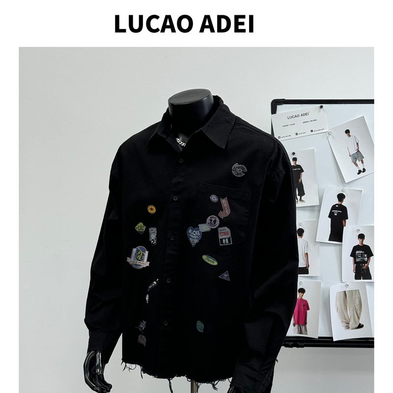 2026 Autumn New Pure Cotton American Style Casual Fun Cartoon Sticker Print Long Sleeve Turn-Down Collar Shirt for Men Black