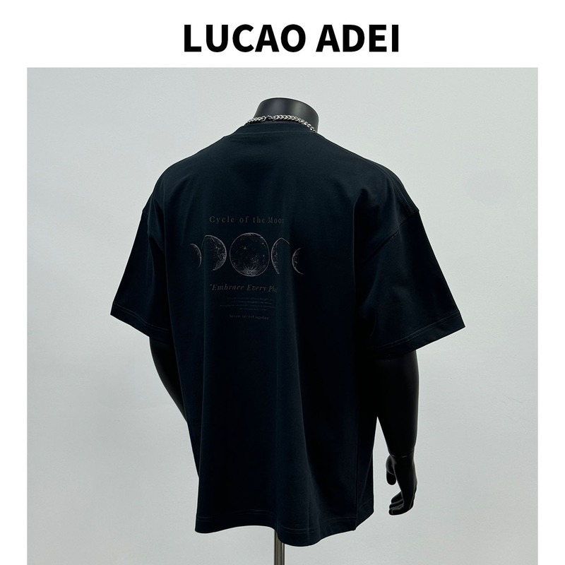 2026 Summer New Vintage Style Pure Cotton Back Moon Cycle Trendy Brand Loose Short Sleeve T-Shirt for Men Black