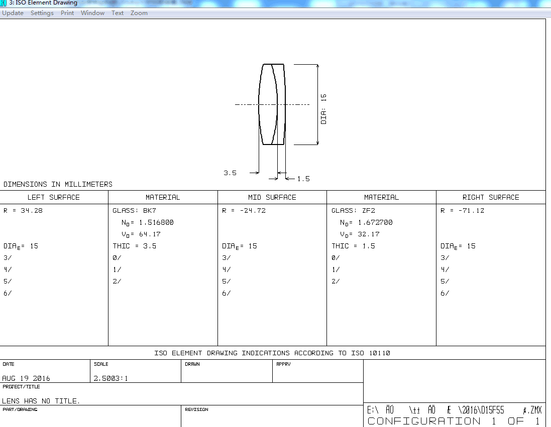 Double glued lens D=15mm F=55mm 