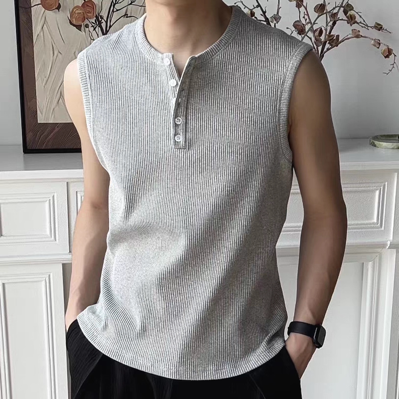 American Henry Collar Vest Men's Ice Silk Thread Slim Sleeveless T-Shirt Half-Button Sports Waistcoat Casual Vest