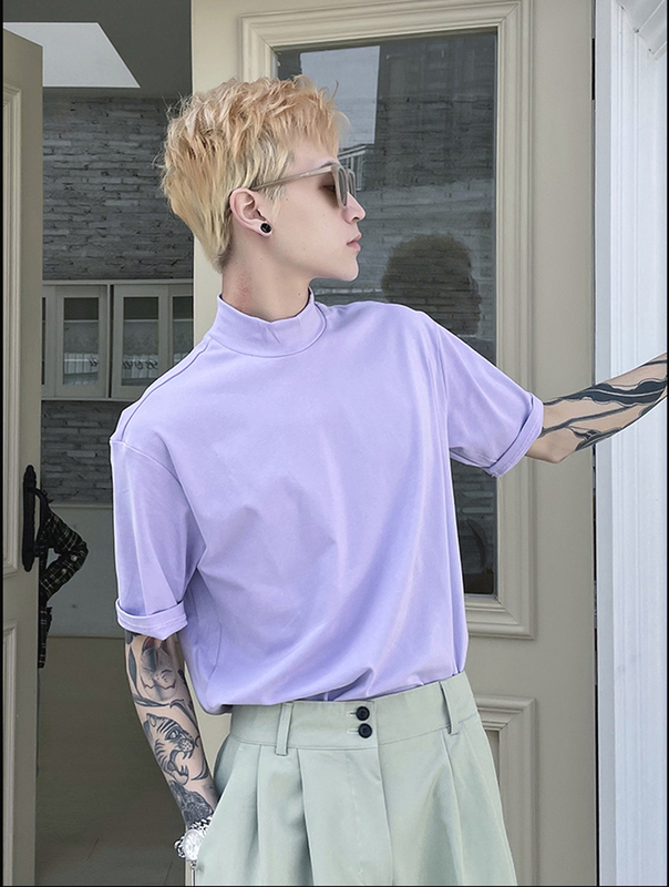 French-Style Turtleneck T-Shirt, Artistic Style, Men's Short-Sleeved, Trendy Mid-Neck Base Shirt, Cool and Thin Cotton-Feel Half-Turtleneck T-Shirt