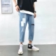 Quần cá tính nam vá lỗ quần jeans nam thủy triều thương hiệu hip-hop chín điểm Quần cũ lỏng quần thẳng - Quần jean
