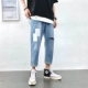Quần cá tính nam vá lỗ quần jeans nam thủy triều thương hiệu hip-hop chín điểm Quần cũ lỏng quần thẳng - Quần jean quần tây nam