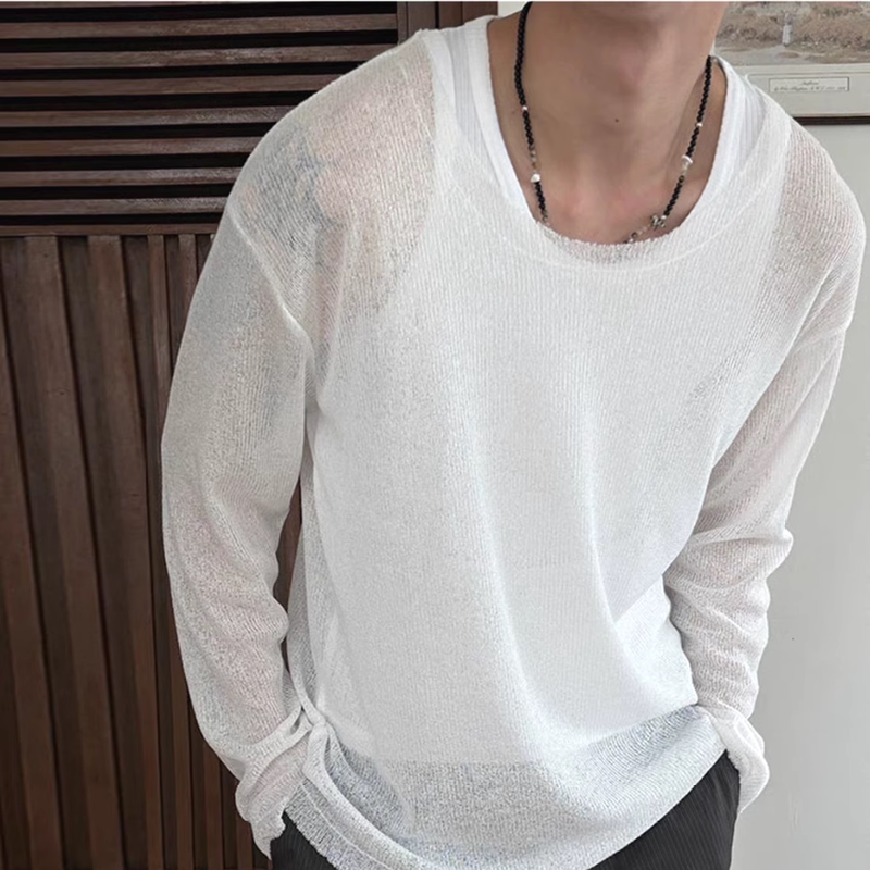 Lazy Style U-Shaped Large Neckline Ice Silk Linen Hollow Long-Sleeve Men's Lightweight Breathable Sun Protection Cover-Up Knitted Mesh T-Shirt