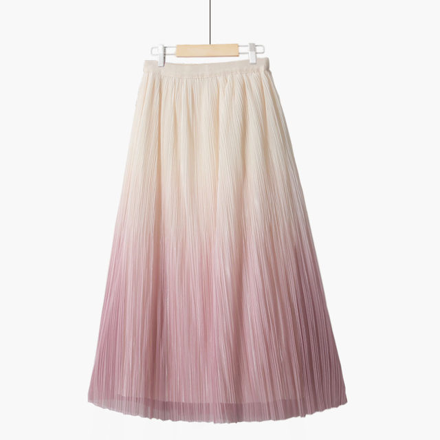 Autumn and winter commuting elegant fairy skirt high waist slimming A-line pleated skirt gradient mid-length mesh skirt