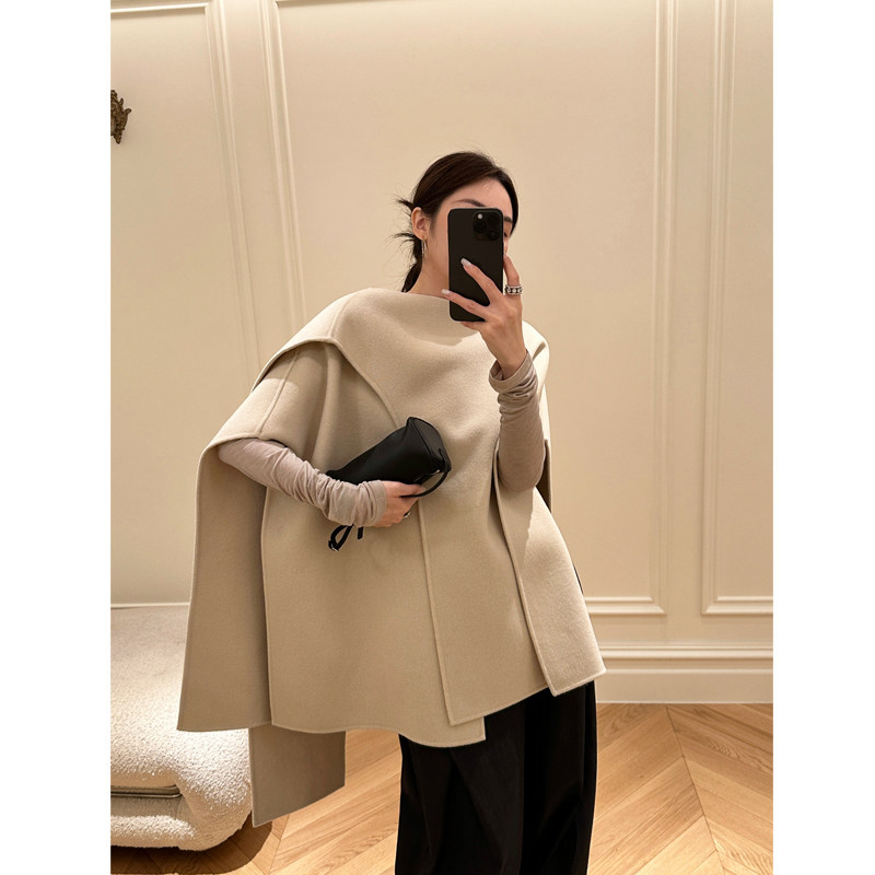 ALI 100%ウールショール ダブルフェイス ウールケープコート レディース、2025年初秋新スタイル、ミニマルなウールアウター