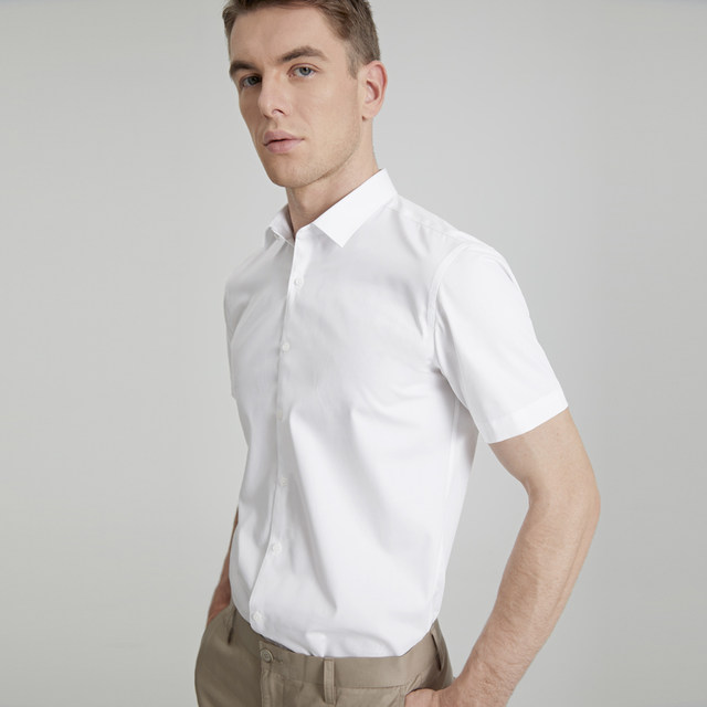 White shirt men's short-sleeved business formal wear Korean version of slim youth shirt summer cotton non-ironing professional solid color shirt