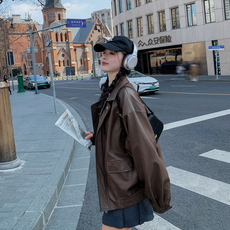 Кожаная куртка 棕色皮衣外套女2023早秋新款小个子港风复古机车皮夹克美拉德穿搭