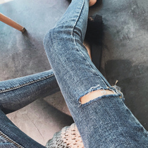 Pregnant women hole jeans 2020 new fashion spring and autumn slim Korean version of Underbelly pencils nine points small feet pencil pants