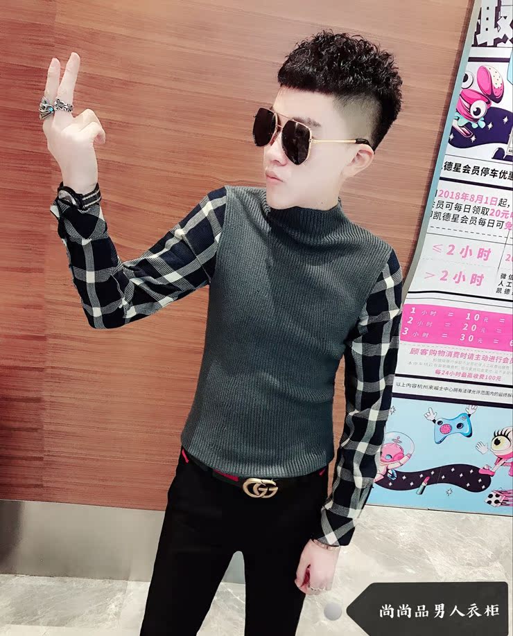 Áo len nam mùa đông 2018 mới cổ cao nửa cổ giả giả áo hai dây mỏng thời trang Hàn Quốc kẻ sọc ao len nam