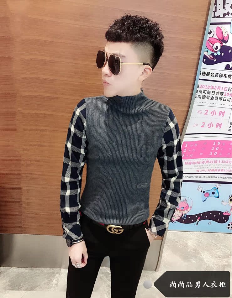 Áo len nam mùa đông 2018 mới cổ cao nửa cổ giả giả áo hai dây mỏng thời trang Hàn Quốc kẻ sọc ao len nam