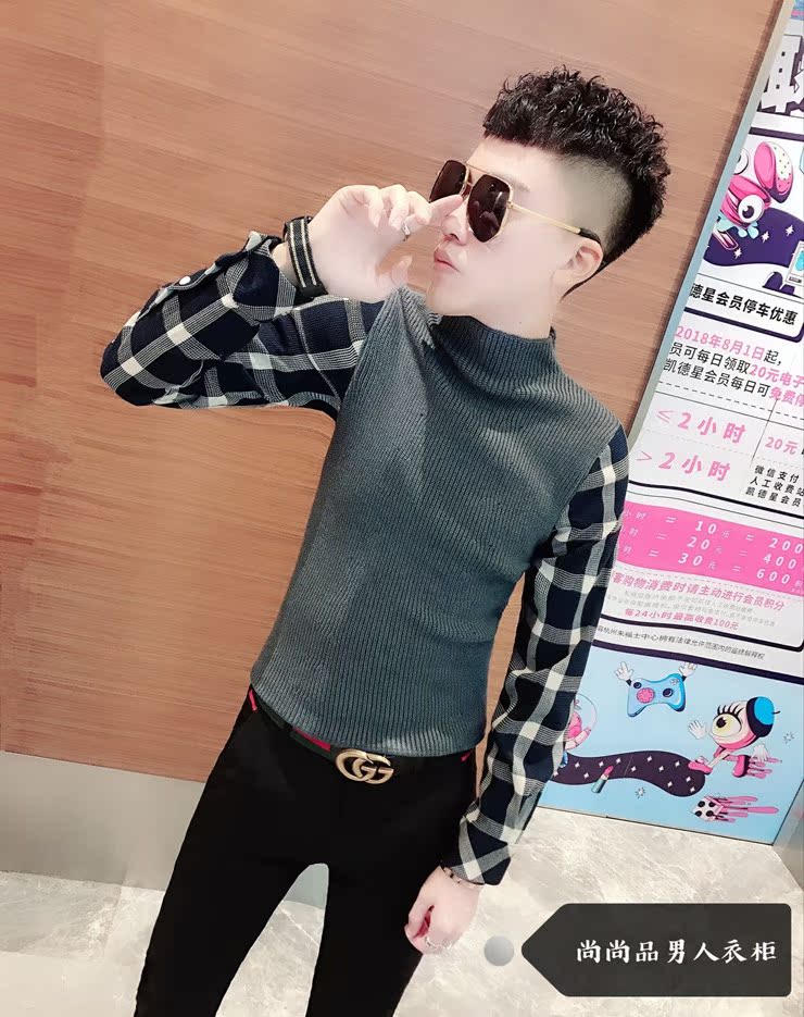 Áo len nam mùa đông 2018 mới cổ cao nửa cổ giả giả áo hai dây mỏng thời trang Hàn Quốc kẻ sọc ao len nam