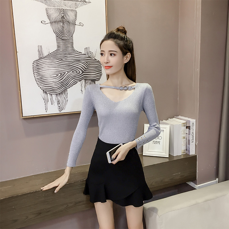 Mùa xuân 2019 mới khí chất lụa sáng màu hàng đầu phiên bản Hàn Quốc của áo sơ mi giảm béo mỏng tay áo len cổ chữ V áo len kiểu