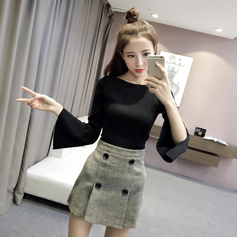 Mùa xuân 2019 mới màu rắn chẻ đôi thon thon tay áo len áo len nữ form rộng
