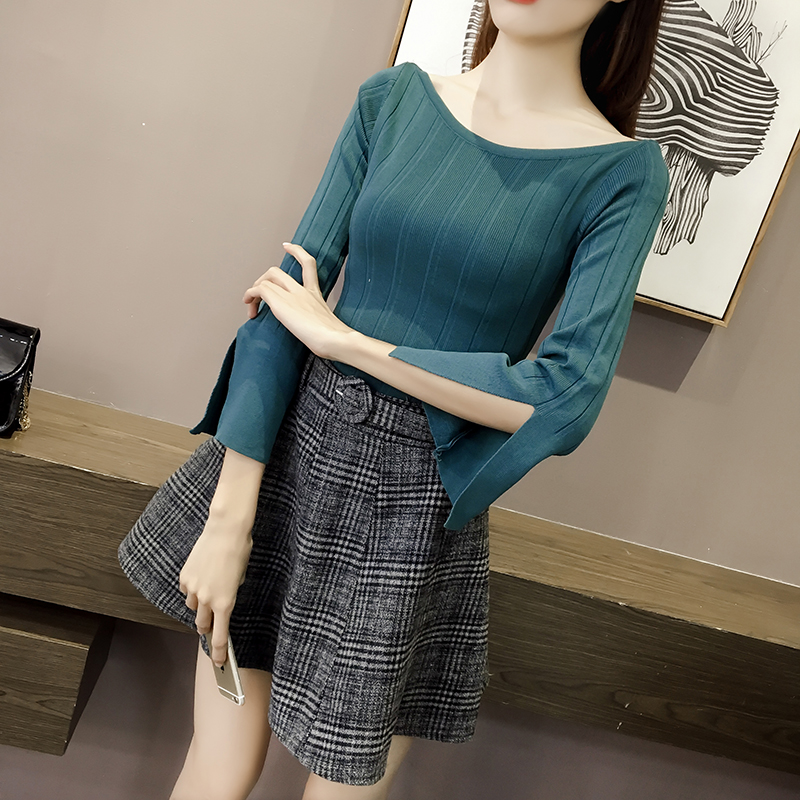 Mùa xuân 2019 mới màu rắn chẻ đôi thon thon tay áo len áo len nữ form rộng
