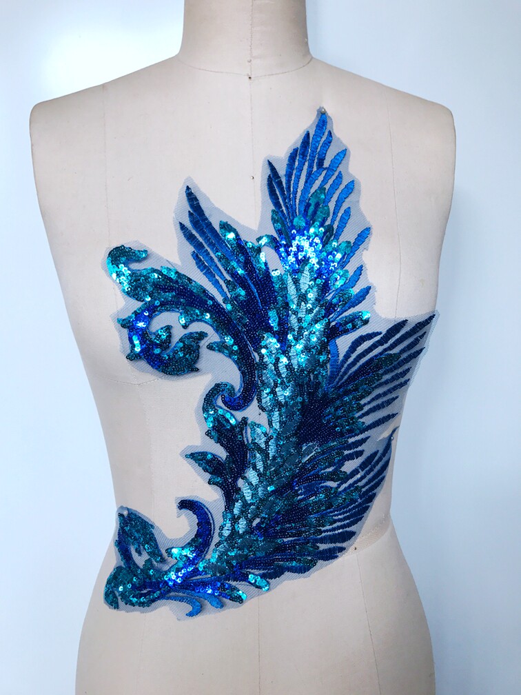 Purple Gold Blue Sequin Embroidered Peacock Feather Pineal Flower Pattern Cloth Glued without glue Performance DIY acting Decorative Accessories