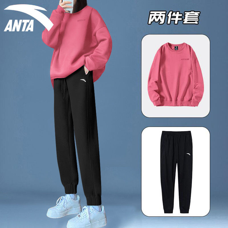 Anta Sports Suit Women's Official Web 2022 Summer New Loose 100 Hitch Round Collar Thick Cotton T Long Pants Sports Two Suits