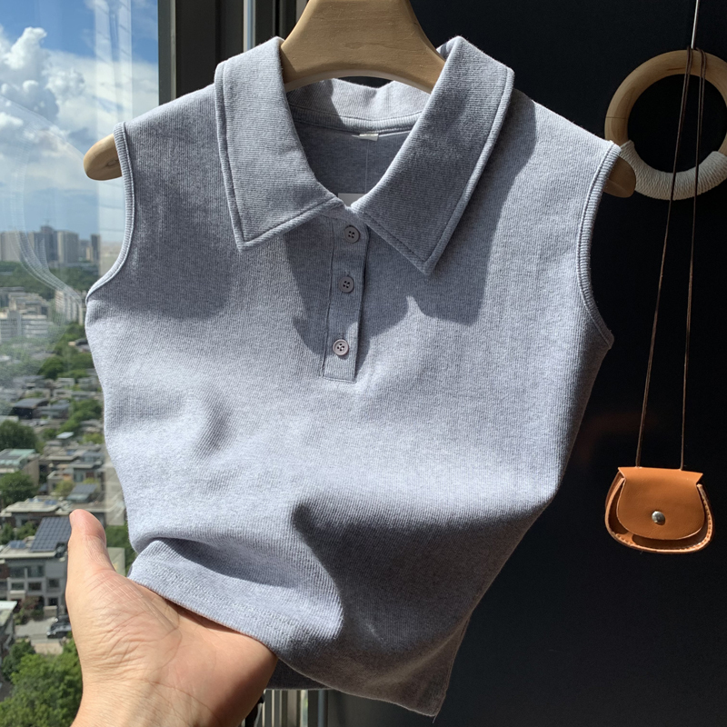 American Casual Sleeveless T-Shirt for Women 2024 New Summer Ribbed Button Polo Collar Vest Short Top