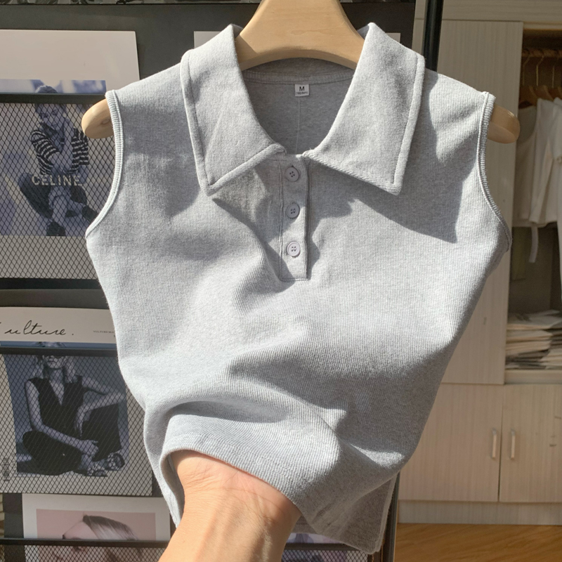 Hong Kong Style Small Camisole Vest for Women, Summer Outerwear, White Polo Collar Tank Top, Inner Layer Base Shirt, Sleeveless T-Shirt