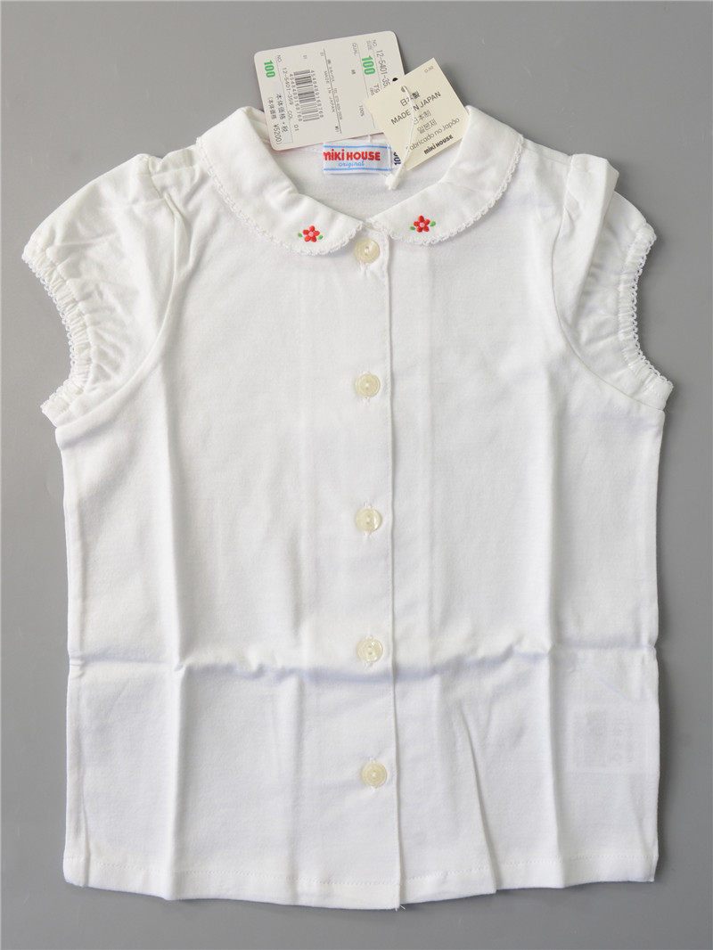 * State now 7 fold mikihouse pure cotton embroidered flower turn over short sleeve shirt 12-5401-359