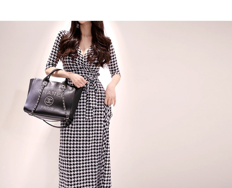 Thời trang nữ bầu không khí khí chất váy 2019 phụ nữ mới cơ thể giảm béo houndstooth váy nữ mùa hè - Váy eo cao váy body