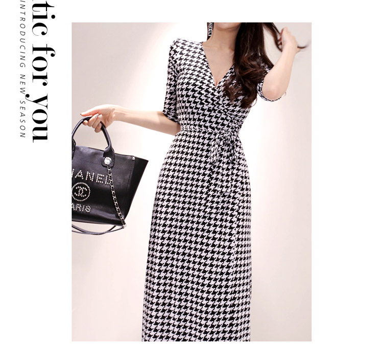 Thời trang nữ bầu không khí khí chất váy 2019 phụ nữ mới cơ thể giảm béo houndstooth váy nữ mùa hè - Váy eo cao váy body