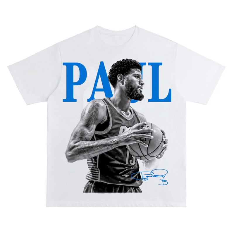 Paul George American Retro Digital Direct Printed Round Neck Short-Sleeved Washed and Distressed High Street Trendy Cotton Men's T-Shirt