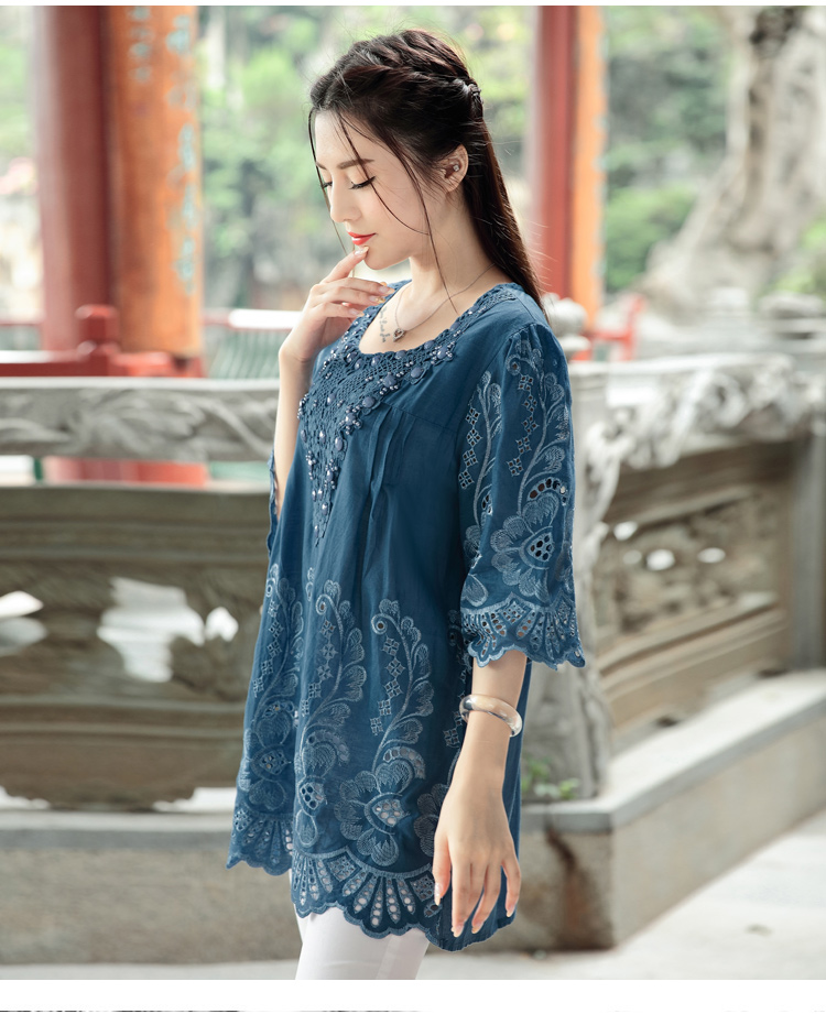 Summer New Retro Chinese Wind Embroidery Women Blouse Hollow Out Round Neck Plus Size Art Blouse Shirt Top Blusas 782F 30 (Us 14-18W)