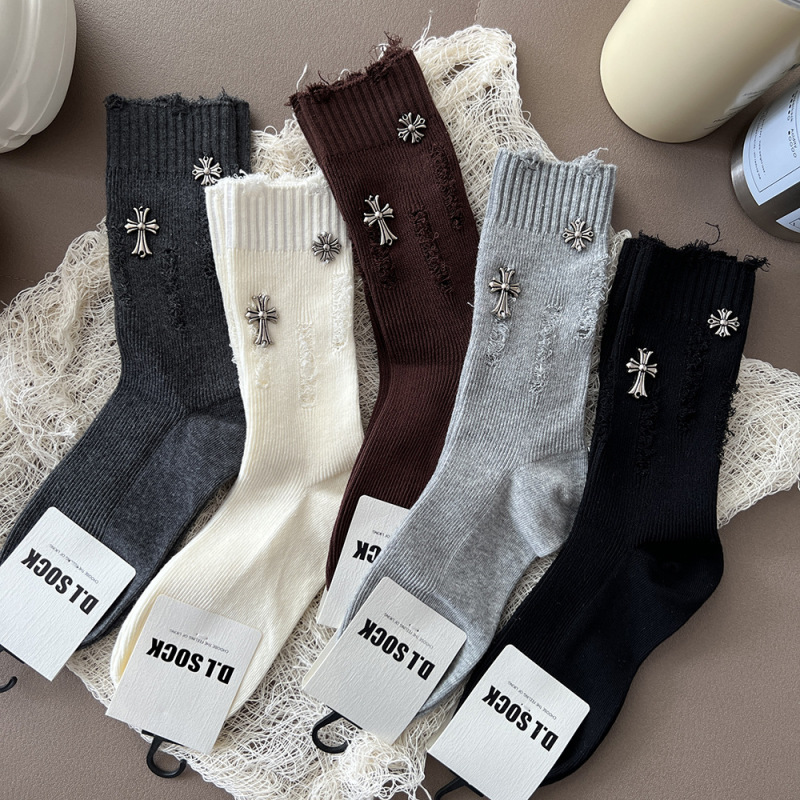 2026 New Trendy Accessory Socks European Style Light Luxury Hand-Stitched Metal Embellishments Ripped Women's Socks Cotton Socks Double-Needle Stripes
