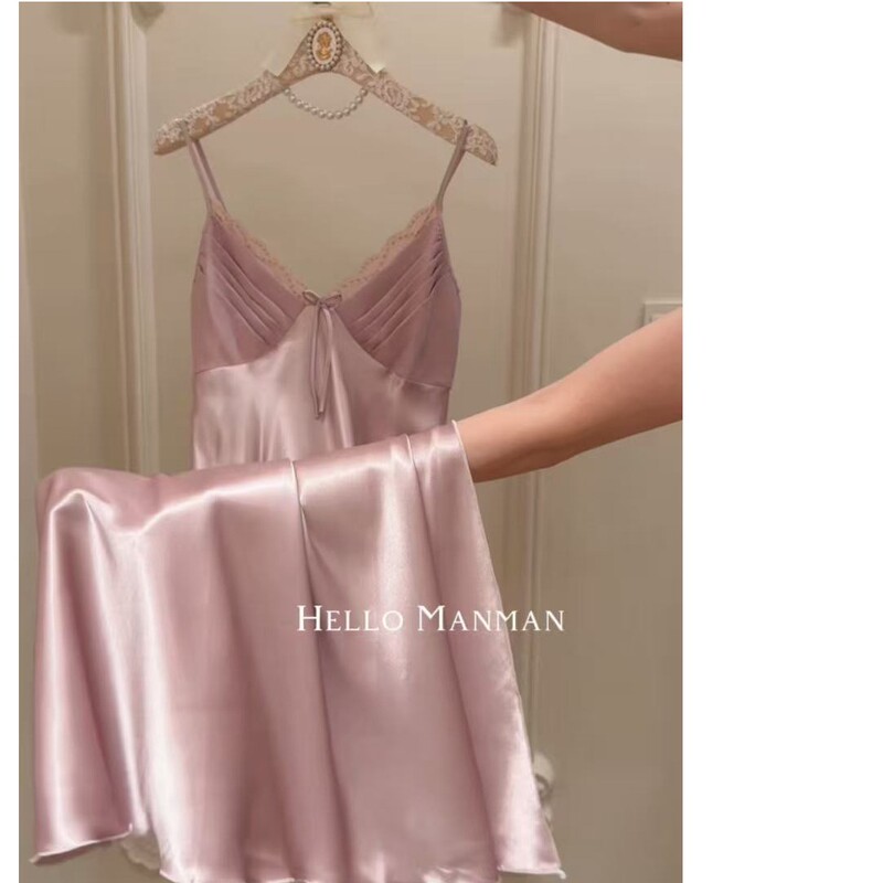 Summer Women's Camisole Nightgown, High-End Ice Silk Satin, Thin Pink-Purple Pure Desire Style, Sexy Sleepwear, Loungewear