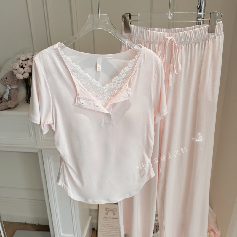 Pink Pajamas for Women 2026 New Summer Style with Breast Pads, Lace Modal Cotton Short-Sleeved Three-Piece Set Home Wear
