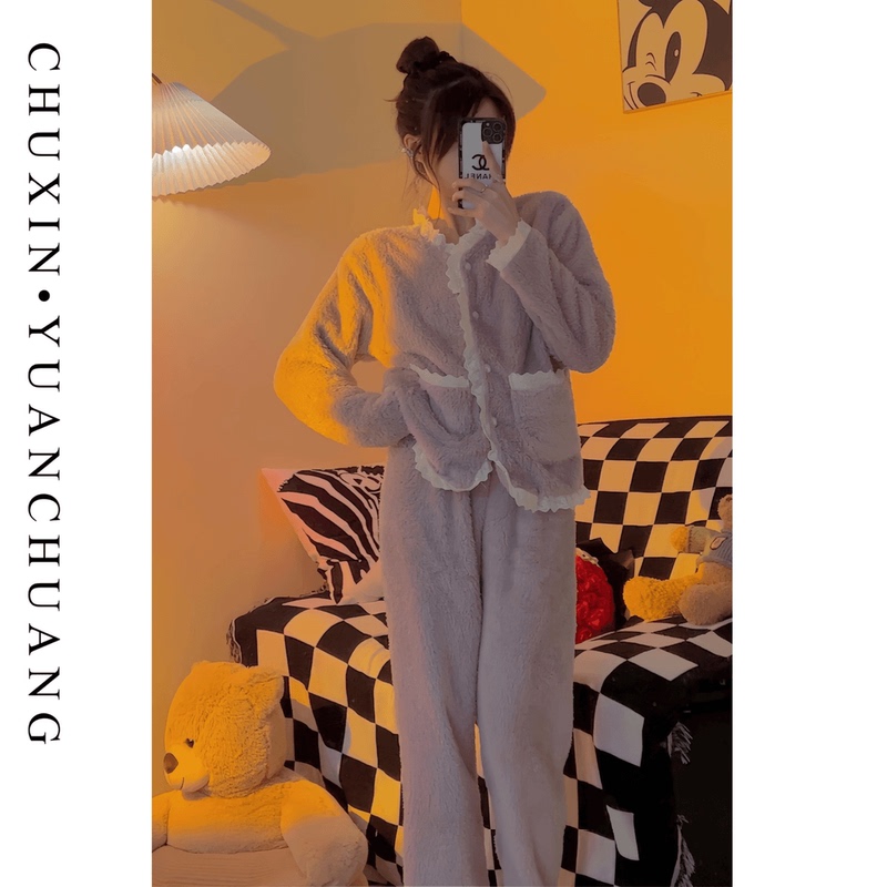 Autumn and Winter Flannel Violet Fleece-Lined Warm Long-Sleeved Long Pants Sweet Pajamas for Women That Can Be Worn Outside as Home Clothes Set Autumn and Winter Flannel Violet Fleece-Lined Warm Long-Sleeved Long Pants Sweet Pajamas for Women That Can Be Worn Outside as Home Clothes Set