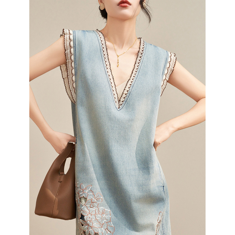 Flowing Era Petite Blue Denim Vest Dress Summer Ruffled Hollow Embroidered Dress for Women