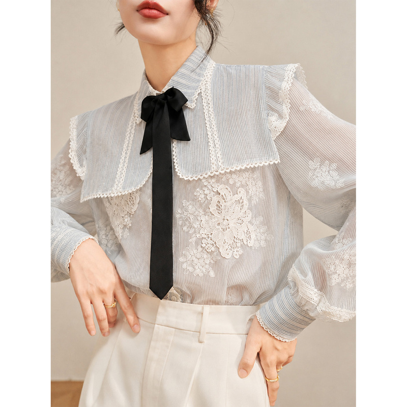 Flowing Era Gentle Style Workplace Outfit Lace Embroidered Bow Tie Long-Sleeved Shirt Women's Autum