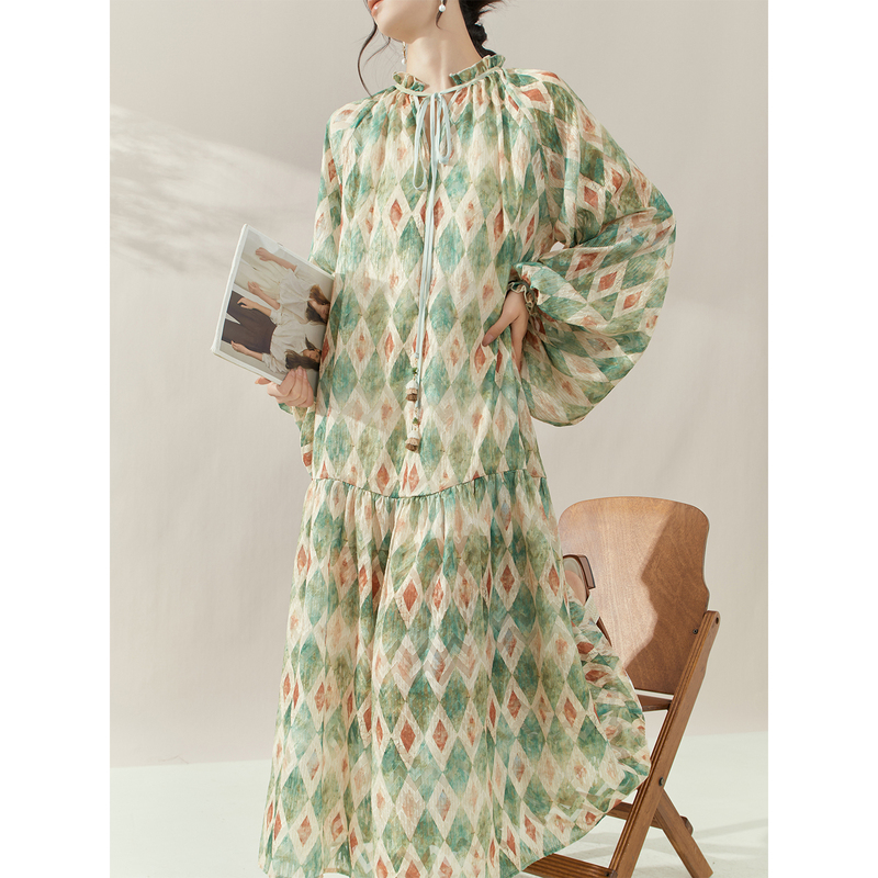 Flowingera French Diamond Print Puff Sleeve Dress 2025 New Loose V Neck Fairy Long Dress Autumn