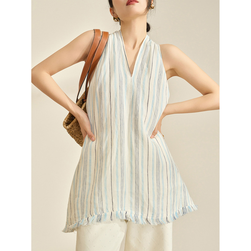 Flowing Era Light Blue Striped Halter Neck Shirt for Women Spring 2026 Unique Super Pretty Tassel Sleeveless Top